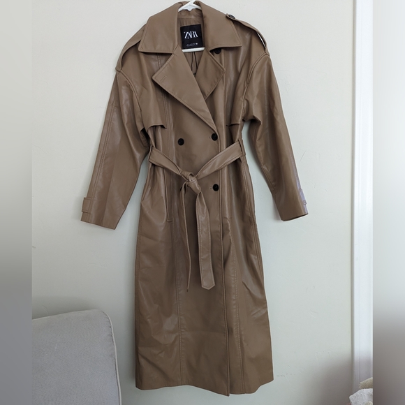 ZARA FAUX-LEATHER BELTED TRENCH COAT LIGHT BROWN S New without tags - Picture 5 of 9